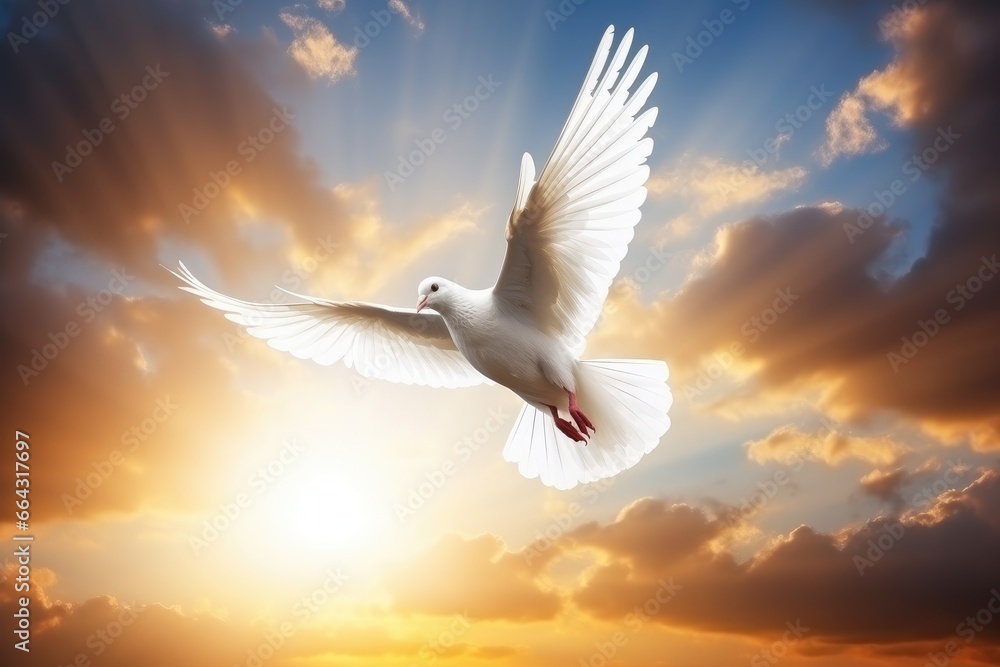 a white dove flying over the sun in a cloudy sky, in the religious style. Generative AI - obrazy, fototapety, plakaty 