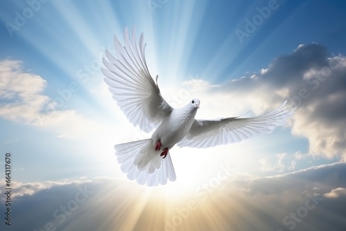 a white dove flying over the sun in a cloudy sky, in the religious style. Generative AI