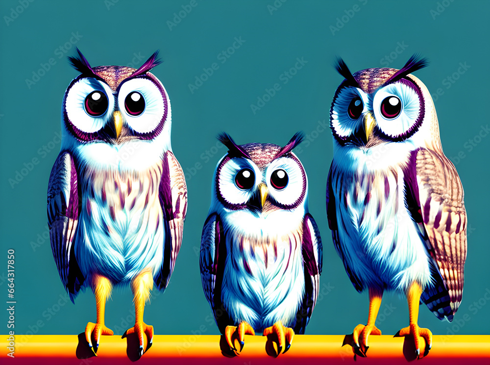 background owls knolling drawing duotone color palette.