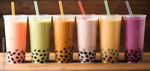 Plastic cups of different tasty bubble tea on wooden background.