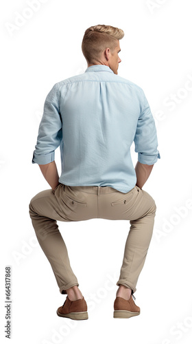 Back view of an Isolated sitting handsome young man wearing a white shirt and blue chino trousers, cutout on transparent background, ready for architectural visualisation.