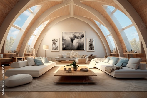 Vaulted cathedral ceiling in house. Interior design of modern living room.