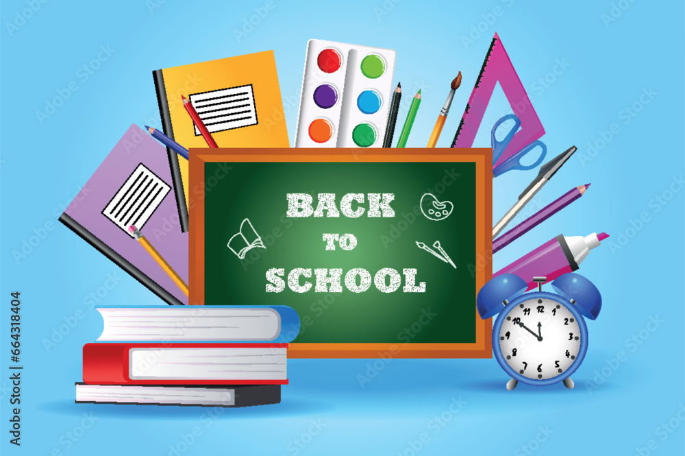 Concept banner back to school. Presence of essential school supplies on this banner from backpacks to rulers promise a successful and organized academic journey. Vector illustration. Concept banner back to school. Presence of essential school supplies on this banner from backpacks to rulers promise a successful and organized academic journey. Vector illustration.