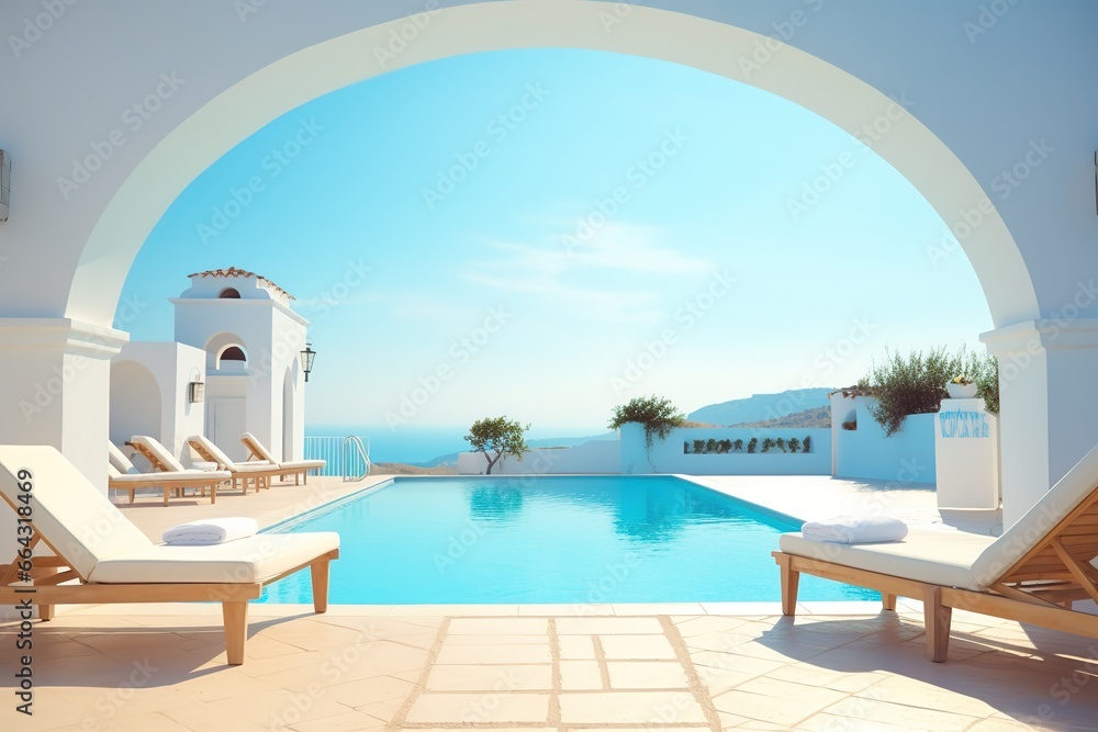 Obraz premium Sunbeds on white terrace with arch. Traditional mediterranean architecture under blue clear sky. Summer vacation background.