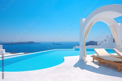 Sunbeds on white terrace with arch. Traditional mediterranean architecture under blue clear sky. Summer vacation background. © arhendrix
