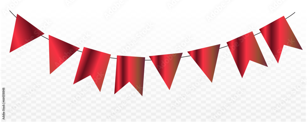 Obraz premium Red pennant bunting ribbon on transparent background. festival, celebration background.