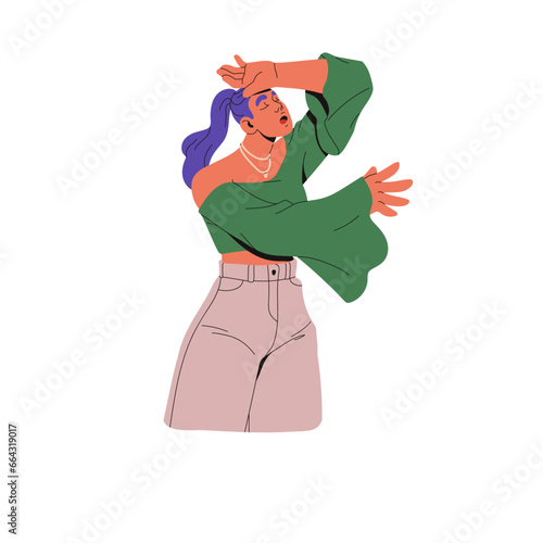 Drama queen. Theater artist plays tragedy role. Theatrical performer acting sorrow, grief. Actress dramatizes, suffer, gesturing sad emotions. Flat isolated vector illustration on white background