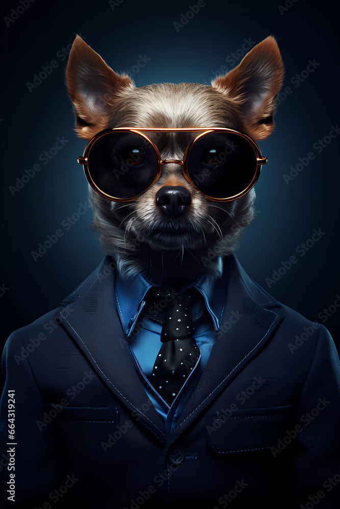 cool dog with fashionable clothes and wearing sunglasses. Simple animal creative concept isolated on dark background. 
