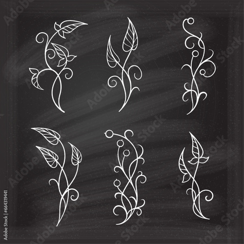 Trendy botanical elements set. Simple and elegant ivy doodles collection on the chalkboard background