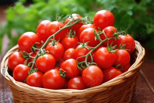 vine-ripened tomatoes arranged in a wicker basket © altitudevisual
