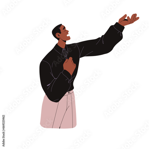 Theater artist acting drama role. Professional actor play on rehearsal. Opera singer perform, theatrical performer sing song. Man show tragedy. Flat isolated vector illustration on white background