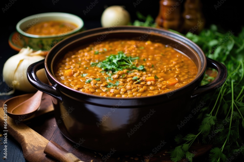 close-up of a pot filled with slow-cooked lentil soup close-up of a pot filled with slow-cooked lentil soup
