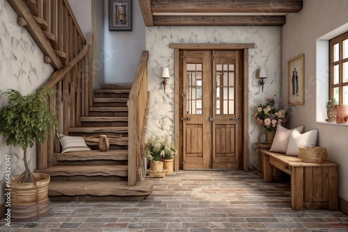 Entryway with rustic staircase. Farmhouse interior design of modern entrance hall with door.