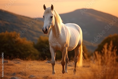 White horse or mare in the mountains at sunset.