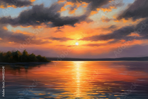 Golden Embrace: An Oil Painting Capturing the Radiant Sunset's Glimmer on Water