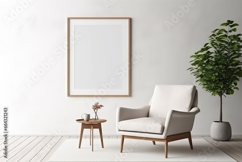 Mock up poster frame on white wall. Interior design of modern living room with armchair. © arhendrix