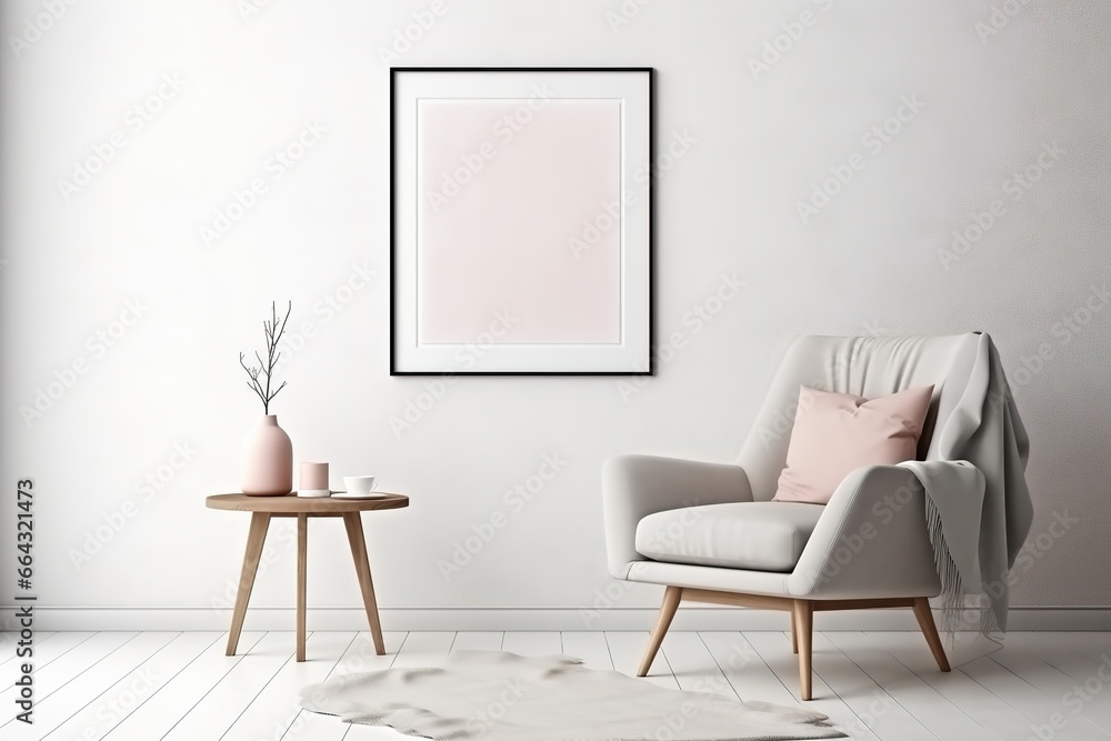 Mock up poster frame on white wall. Interior design of modern living room with armchair. Mock up poster frame on white wall. Interior design of modern living room with armchair.