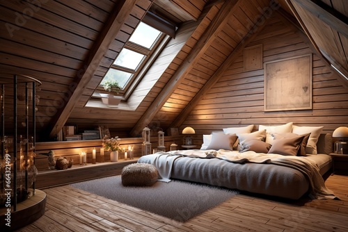 Cozy attic with wooden lining wall. Interior design of modern photo
