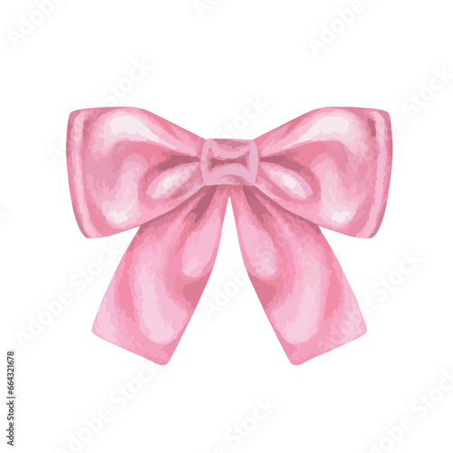 Pink ribbon Bow vector illustration. Hand drawn graphic clip art on white isolated background. Watercolor drawing of birthday gift decoration. For the design of greeting cards and invitations
