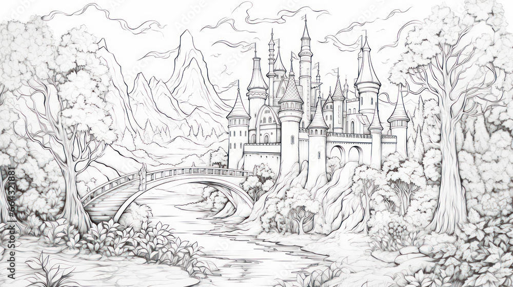 Coloring book page of the great castle for kids and adults