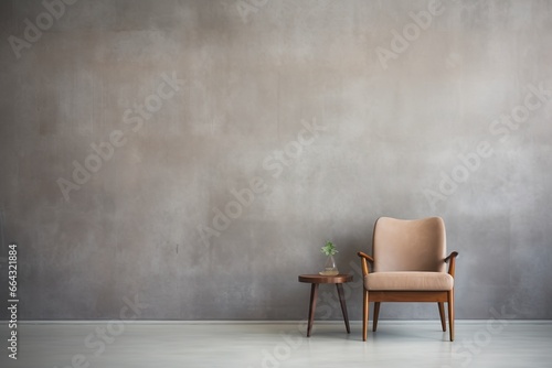 Chair against concrete wall with copy space. Rustic minimalist home interior design of modern living room.