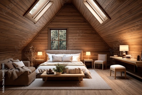 Cozy attic with wooden lining wall. Interior design of modern
