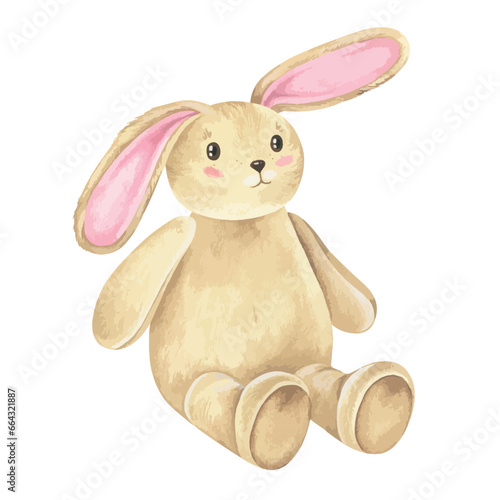 Bunny baby toy Vector illustration. Hand drawn graphic clip art on white isolated background. Watercolor drawing of cute rabbit. Sketch of cartoon hare. Plush animal for a child