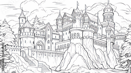 Coloring book page of the great castle for kids and adults