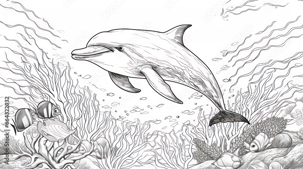 coloring page of cute dolphin swimming among underwater scene for kids coloring page of cute dolphin swimming among underwater scene for kids