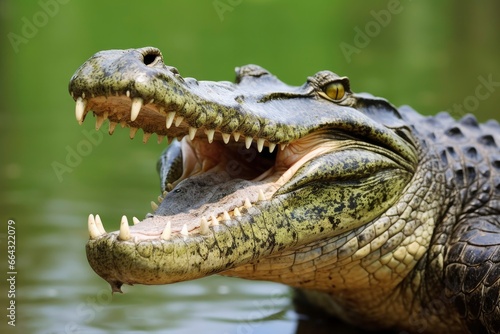 Crocodile with its mouth wide open with a green lake in the green background.
