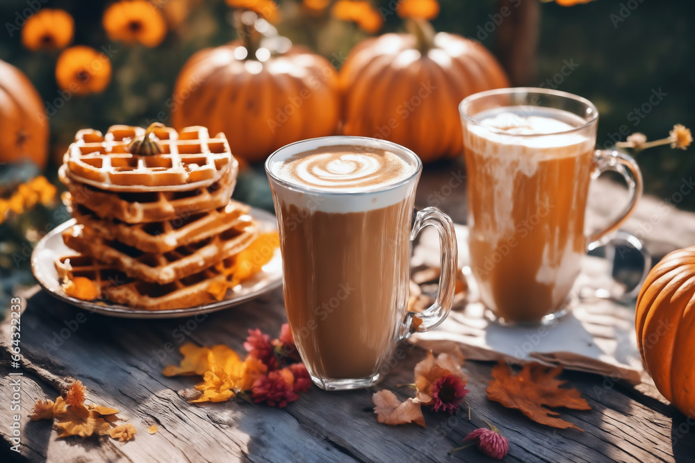 still life of a cup of hot latte and waffers and pumpkins on an old wooden table against the background of beautiful autumn nature at sunset, decoration for Halloween still life of a cup of hot latte and waffers and pumpkins on an old wooden table against the background of beautiful autumn nature at sunset, decoration for Halloween