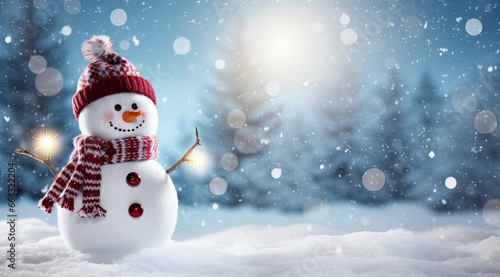 Happy snowman in the winter scenery. © FurkanAli