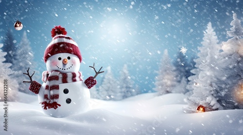 Happy snowman in the winter scenery. © FurkanAli