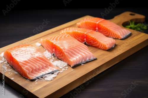close-up of raw salmon fillets on a chopping board