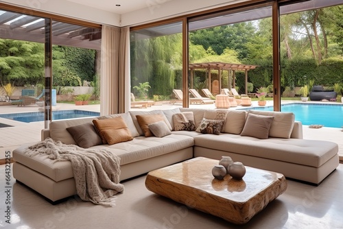 Beige leather corner sofa in room with big windows with view to patio and swimming pool. Interior design of modern living room in luxury villa.
