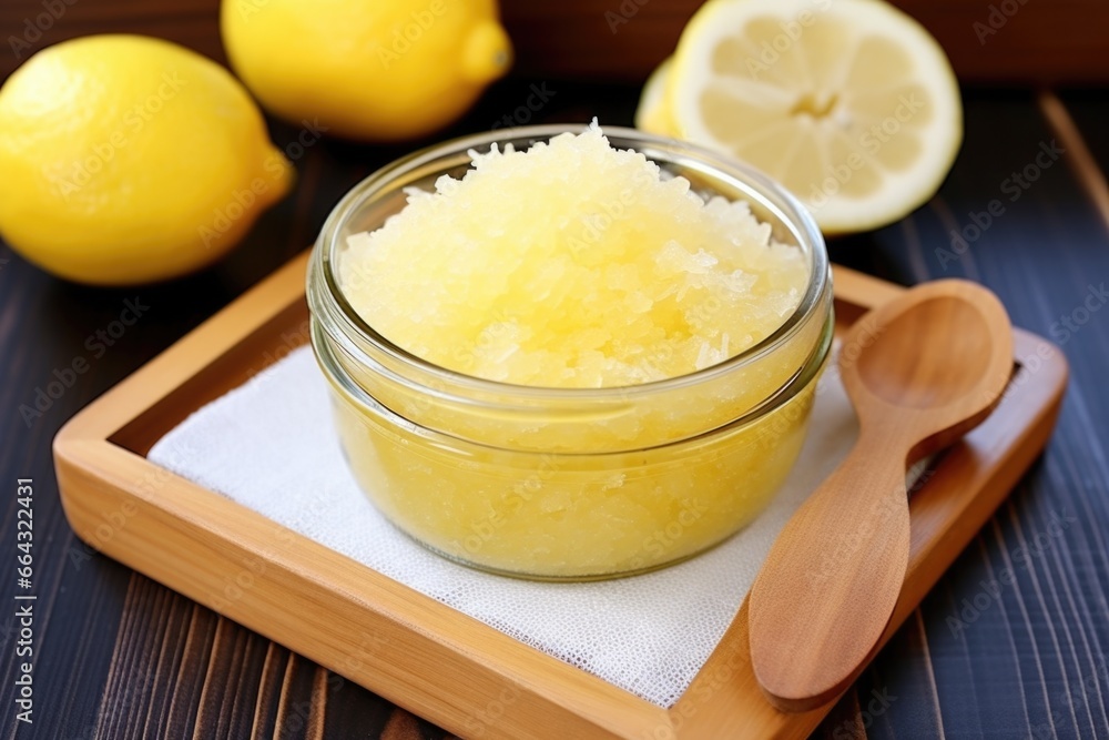 a bowl of homemade lemon sugar scrub on bamboo mat a bowl of homemade lemon sugar scrub on bamboo mat