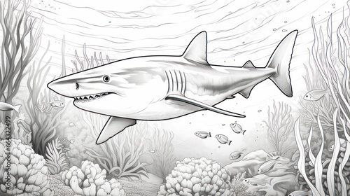 Coloring page of shark and fish in underwater scene for kids and teens