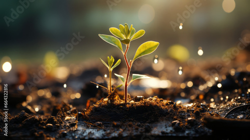 A photorealistic image of a small plant growing from the ground, featuring richly detailed backgrounds and strong contrast between light and dark, capturing the beauty of nature.