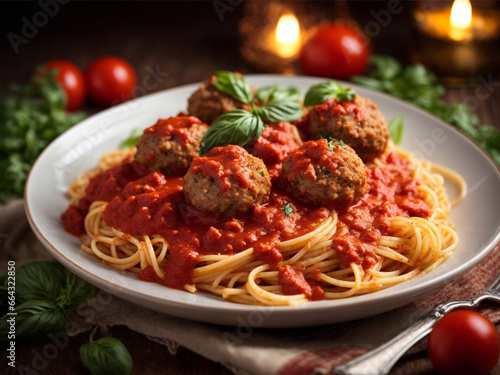 Spaghetti with Meatballs and Tomato Sauce in Plate 