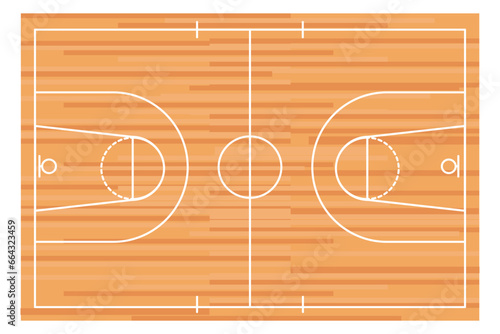 Wooden Basketball court floor with lines top view, gym parquet, Basketball field.