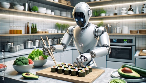 Fototapeta Naklejka Na Ścianę i Meble -  Amidst the cozy chaos of a bustling kitchen, a sleek robot delicately wields chopsticks to savor the delicate flavors of sushi
