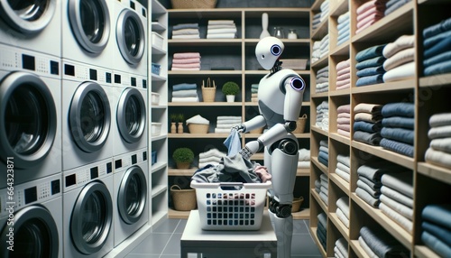 A solitary robot stands amidst a sea of laundry, its metal frame reflecting the stark light of the indoor shelves as it contemplates the burden of endless cycles photo