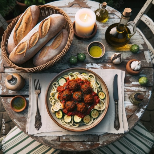 A rustic spread of italian comfort food, complete with savory meatballs and al dente pasta, served on a charming platter alongside freshly baked bread and a drizzle of fragrant oil, making for a dele photo