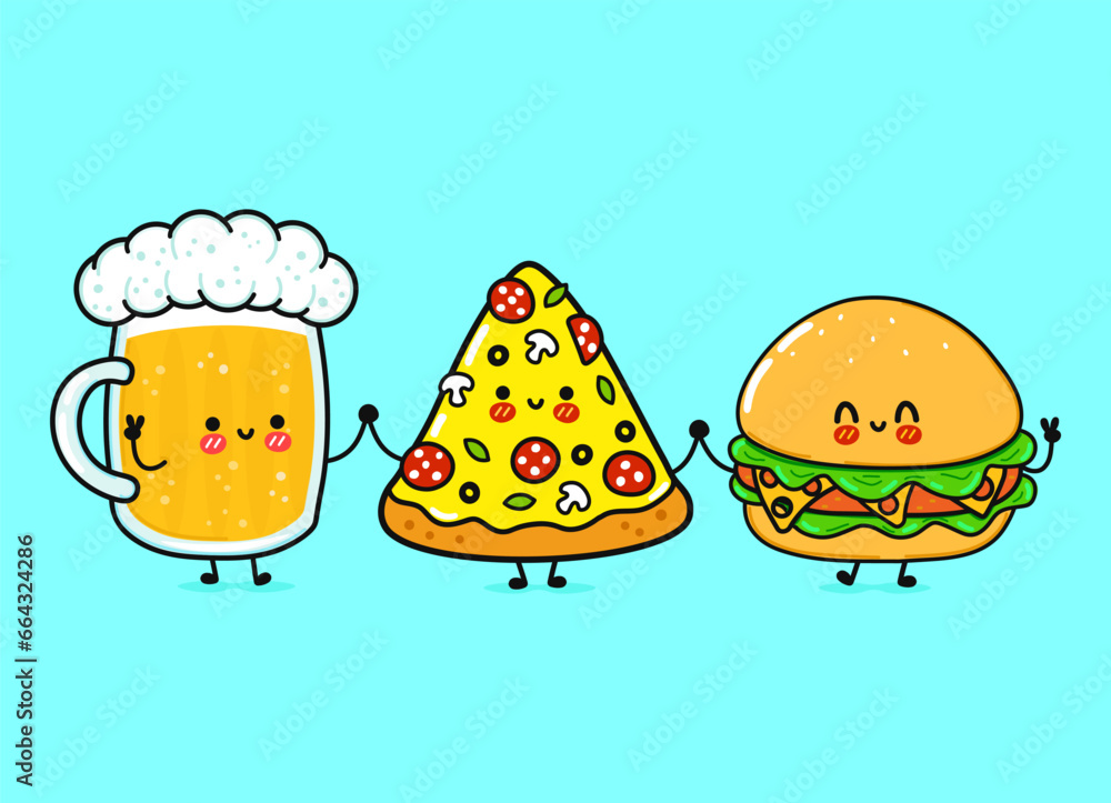 Cute, funny happy glass of beer, pizza and hamburger. Vector hand drawn cartoon kawaii characters, illustration icon. Funny cartoon glass of beer, pizza and hamburger mascot friends concept Cute, funny happy glass of beer, pizza and hamburger. Vector hand drawn cartoon kawaii characters, illustration icon. Funny cartoon glass of beer, pizza and hamburger mascot friends concept