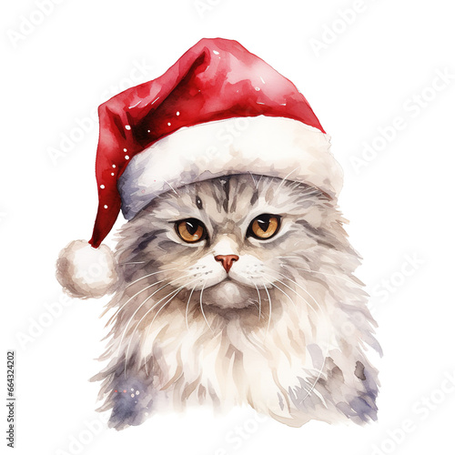 Cat Wearing Santa Hat For Christmas Event. Watercolor Style. AI Generated © Intania