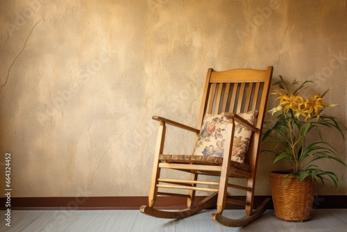 grandmas wooden rocking chair against a wall