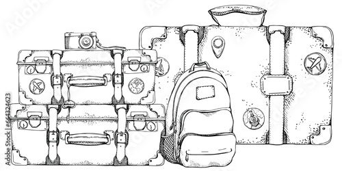 Ink hand drawn vector sketch. Illustration with set of retro vintage old suitcases with stickers luggage baggage and backpack. Design for tourism, travel, brochure, wedding, guide, print, card tattoo.