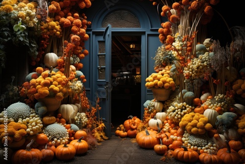 Halloween concept decoration - home entrance with halloween pumpkin decorations and autumn flowers. Modern house decor  halloween and thanksgiving holiday