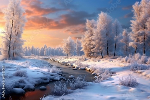 a frosty winter landscape. Generative AI © Beatriz