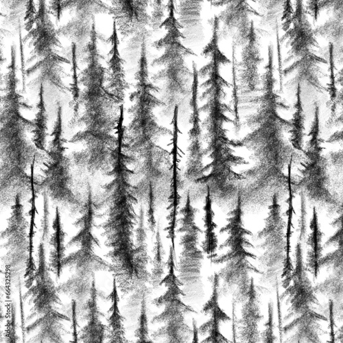 Misty spruce forest, hand-drawn. A mystical atmospheric landscape. Black and white seamless illustration. Interior design, photo wallpapers, covers, screensavers, book illustrations.